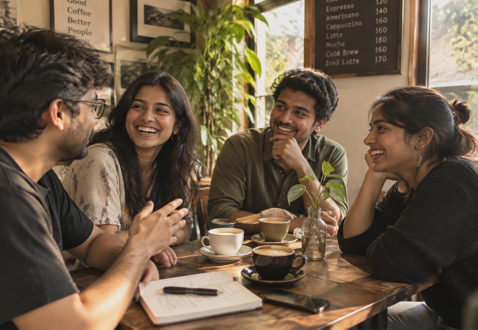 Friends laughing over coffee around a café table